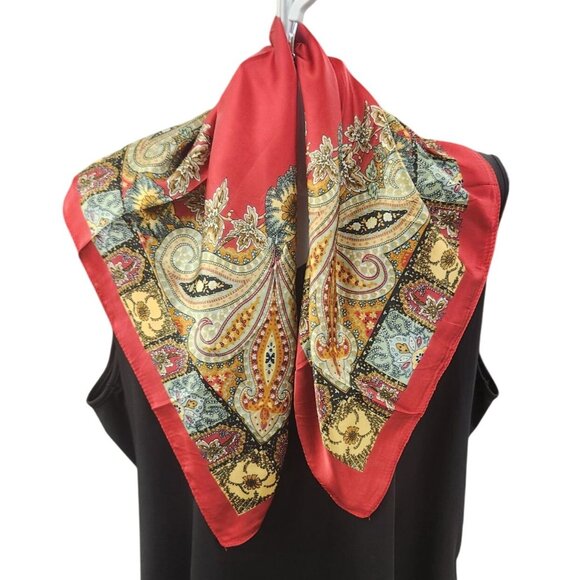 Square Silk Scarf Red With Ornate Paisley Floral Print 27.5 inch Square Wild Rag - Picture 6 of 16